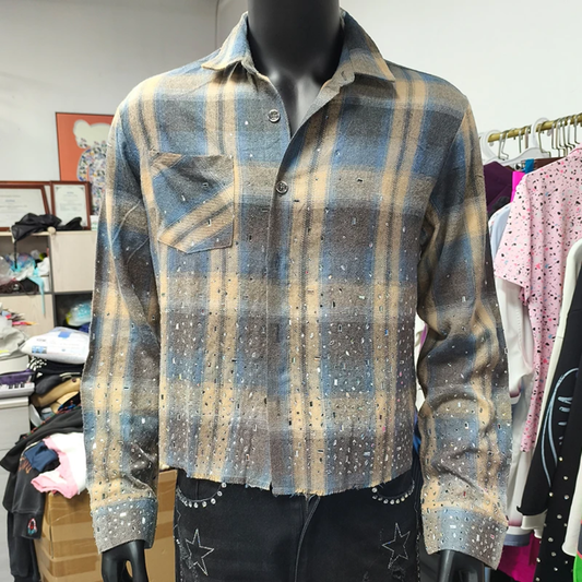 All Men's(custom)Check flannel crop Rhinestone shirt